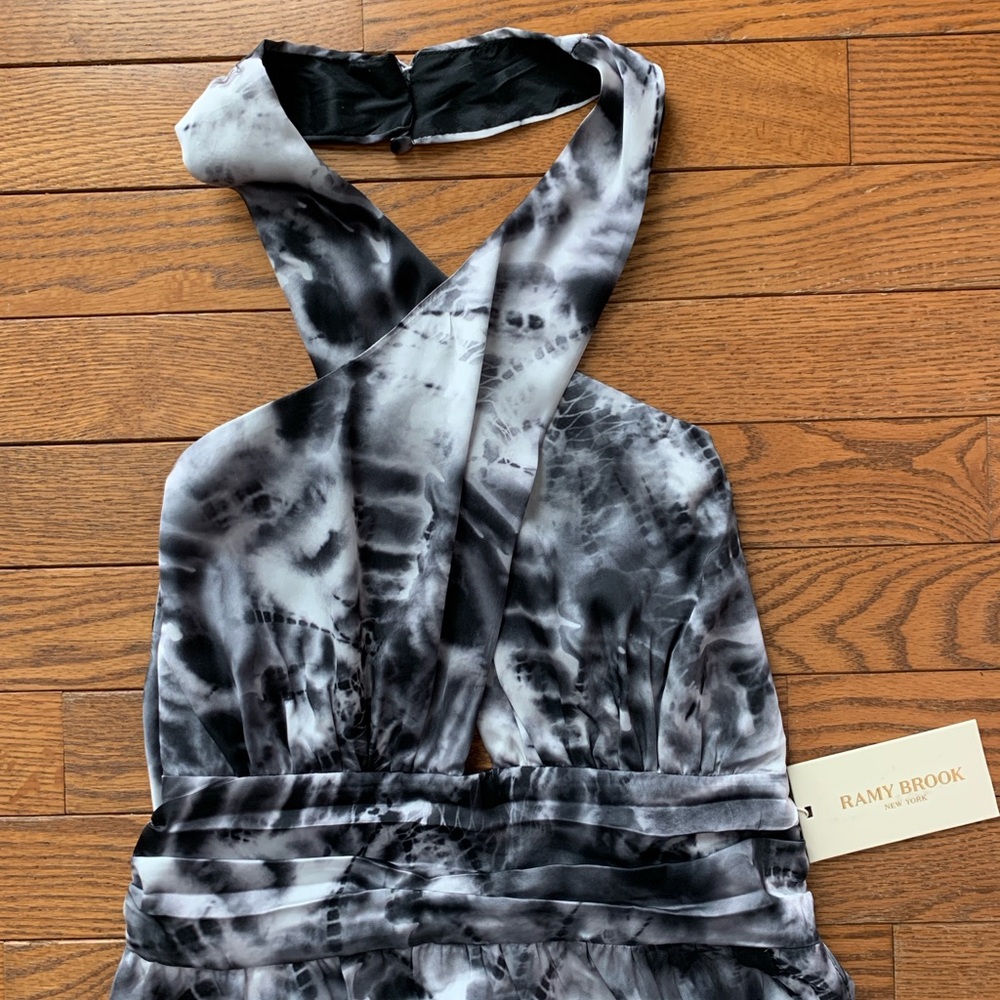 New Ramy Brook Women's Black/white Luna Floral Halter Neck Satin Dress Size 2